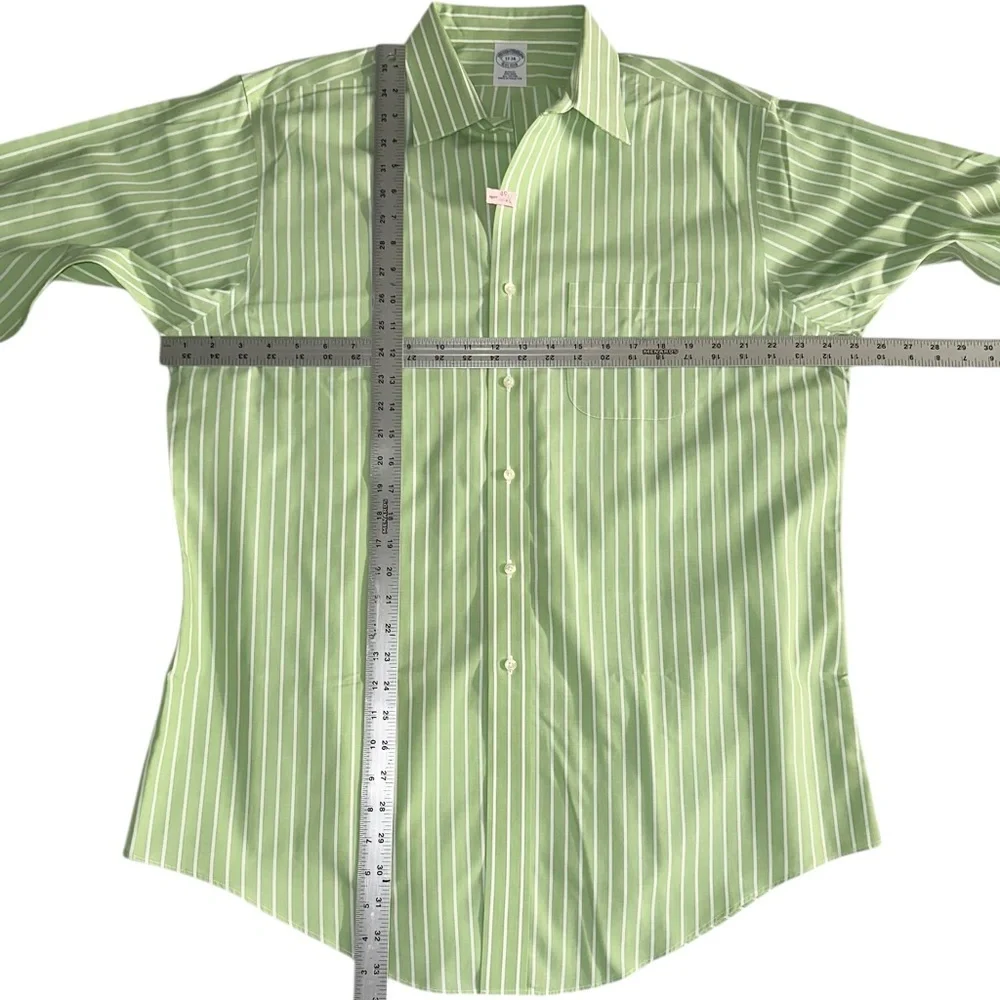 Brooks Brothers Dress Shirt Mens 17-34 Cotton Slim Fit Green & White Stripe - Picture 8 of 9